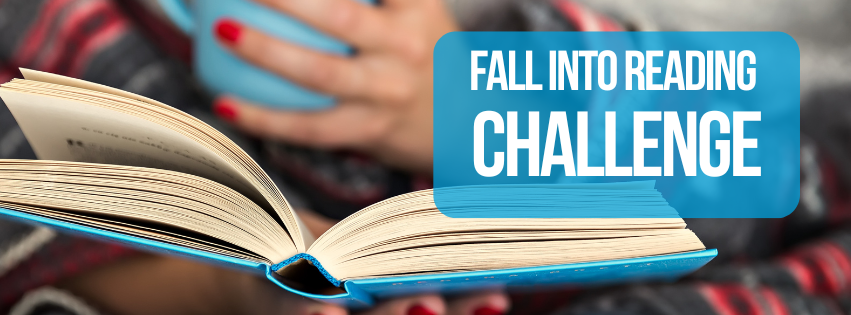 an close up image of a book opened and balanced on one hand of a woman's holding a turquoise mug in the other.  