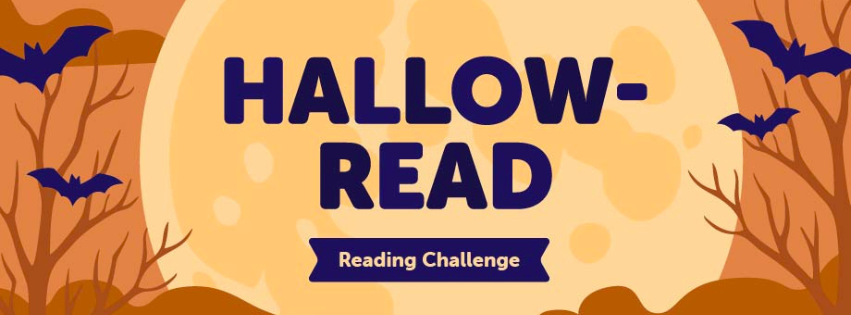 a graphic image of a full moon and bats flying aroudn the outside with the title HallowREAD Reading challenge